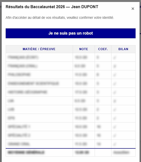 Popup de voirmonbac.com affichant de faux résultats avec un bouton Je ne suis pas un robot