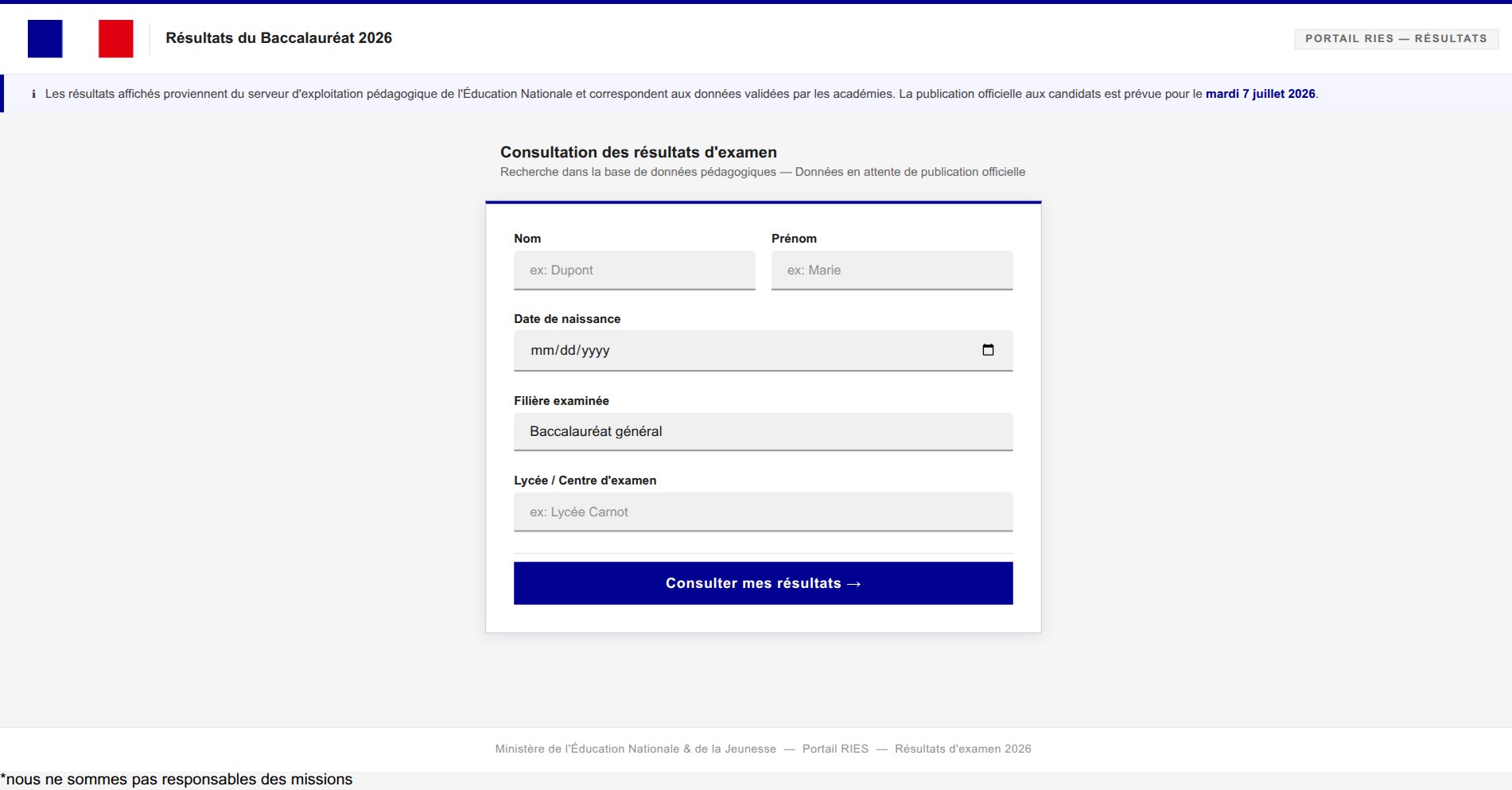 Page d'accueil de voirmonbac.com imitant un portail RIES officiel de l'Éducation nationale
